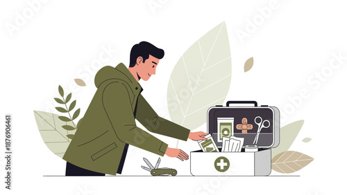 Man Organizing First Aid Kit For Outdoor Activities And Emergency Preparedness