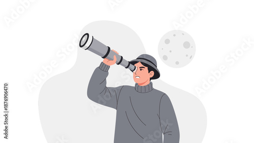 Man Gazing Through A Telescope Watching The Moon At Night