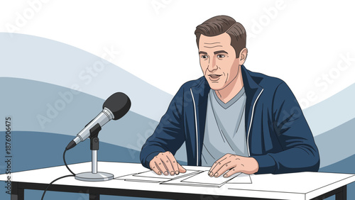 Man Giving Speech Behind Microphone During Presentation In Meeting Conference