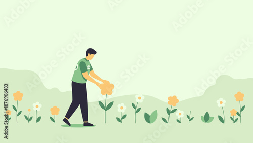 Man Picking Flowers in a Serene Meadow Landscape Illustration