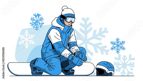 Man Getting Ready For Snowboarding Adventure In The Snowy Winter Season