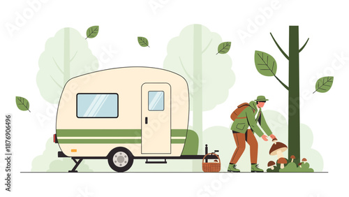 Man Picking Mushrooms Near Camper In A Serene Forest With Falling Leaves