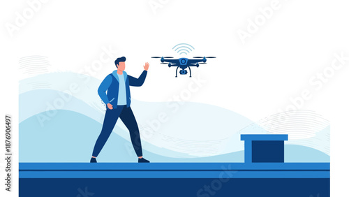 Man Pilot Flying Drone With Remote Control In Urban Scene Illustration