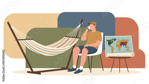 Man Planning Travel On Phone With Map And Hammock Enjoying Remote Work