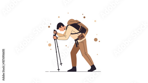 Man Hiking Trekking Outdoor With Backpack And Poles Expedition In Mountains