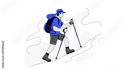 Man Hiking Up Mountain Illustration With Backpack And Trekking Poles