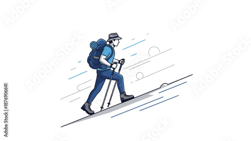 Man Hiking Up Hill With Backpack and Trekking Poles Illustration