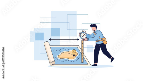 Man Planning Vacation Travel Adventure With Map Compass and Ruler Tool