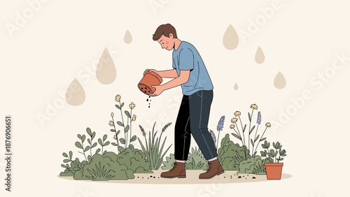 Man Planting Flowers In A Garden As Drops Of Water Fall Around