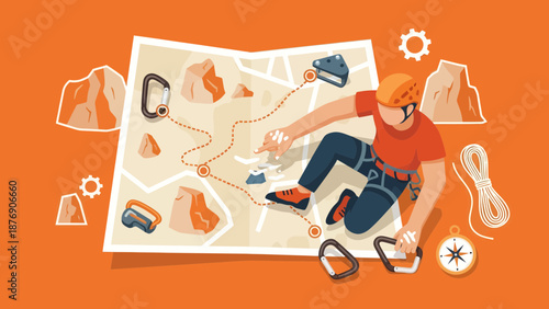 Man Plans His Route On A Topographic Map Before Climbing Session