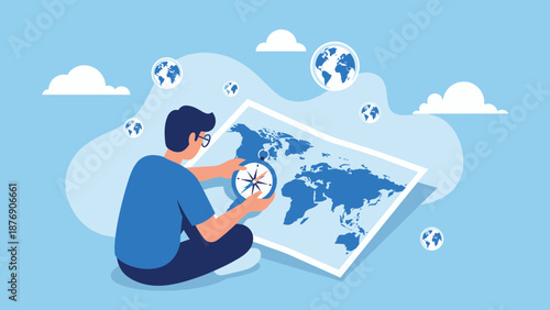 Man Planning World Adventure With Map And Compass in Sky Blue Background