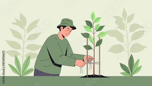 Man Planting New Tree Securing With Supports In Green Environment