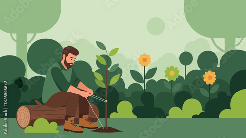 Man Planting New Tree in Forest Green Environment Nature Conservation