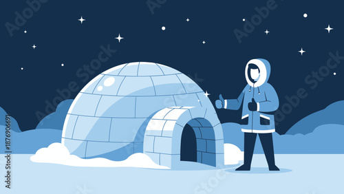 Man In Arctic Parka Giving Thumbs Up In Snowy Environment At Night