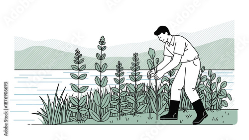 Man Planting Saplings in a Lush Riverside Area On a Sunny Day