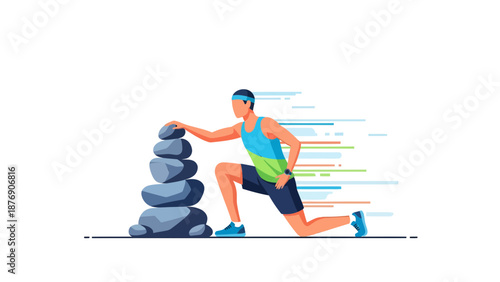 Man Practices Mindfulness Next To Stacked Rocks Achieving Harmony And Balance