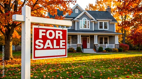 House for sale sign in autumn suburban neighborhood