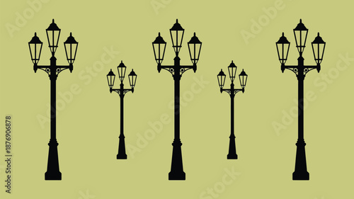 Set of vintage black street lamps on green background