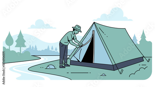 Man Setting Up Tent By River On Camping Trip In Nature Scene