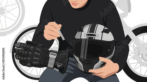 Man Prepares For a Motorcycle Ride By Checking Safety Gear and Cleaning Visor