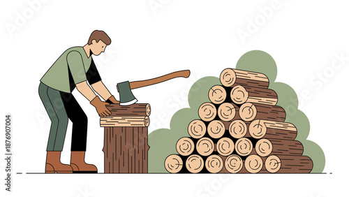 Man Preparing Firewood With An Axe For Winter Woodworking Vector Illustration