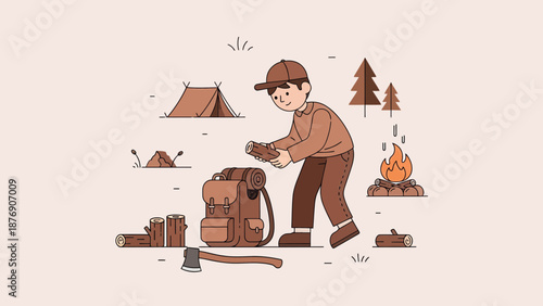 Man Preparing Firewood At Campsite For Cozy Evening Adventure In Nature