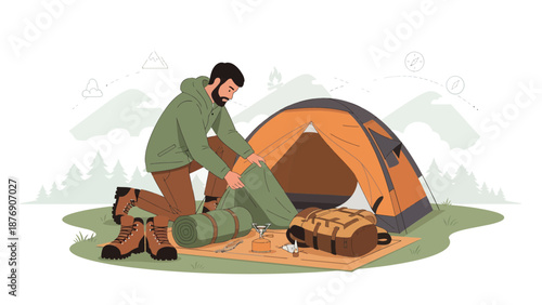Man Preparing Camping Tent In Nature For Outdoor Adventure In Mountains Scenery
