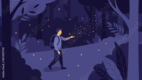 Man Spreading Magic Dust In A Dark Forest At Night Vector Illustration