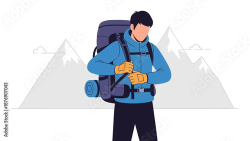 Man Preparing For Hike In Mountain Setting With Backpack Illustration