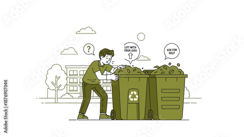 Man Struggles With Heavy Recycling Bin While Thinking About Lifting Techniques