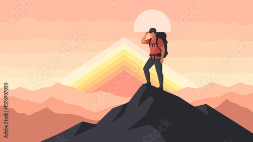 Man Standing On Top Of Mountain Peak During Beautiful Sunset Landscape