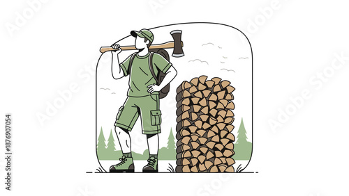 Man Standing With Axe Near Stack Of Wood Illustration Outdoors Adventure