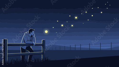 Man Standing Near Fence Admiring Night Sky Filled With Glowing Stars
