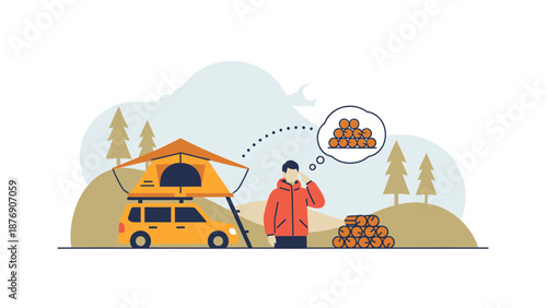 Man Preparing For Overlanding Adventure Thinking About Having Wood For Campfire