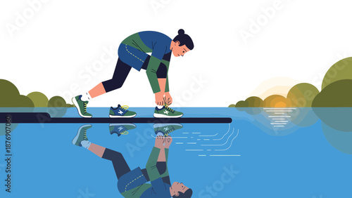 Man Preparing For Lakeside Run Tying Shoes Reflecting In Peaceful Water Scene