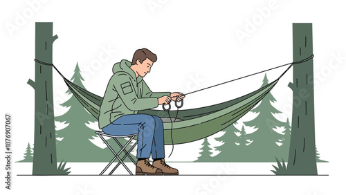 Man Preparing Hammock For Relaxing In Nature On Forest Camping Trip