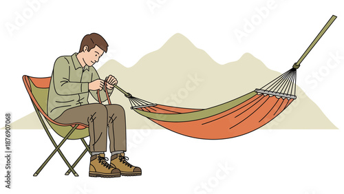 Man Preparing Hammock For Relaxing Summer Trip In Nature Mountains