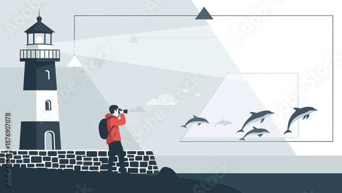 Man Taking Photo Of Dolphins Jumping From Water Near Lighthouse Landscape