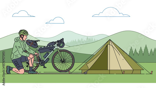 Man Preparing His Touring Bike Next To A Tent In A Mountainous Landscape