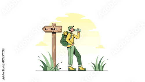 Man Taking Break From Hiking Drinking Water Illustration Outdoor Adventure