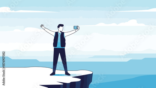 Man Taking A Selfie On A Mountain Cliff While Celebrating With Arms Raised