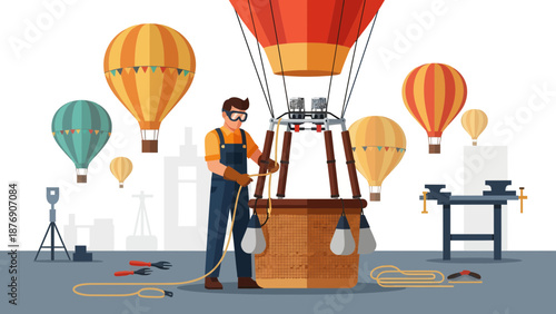 Man Preparing Hot Air Balloon With Equipment For Flight And City Skyline Behind