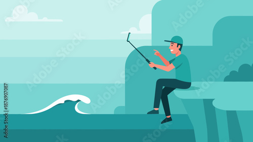 Man Taking A Selfie With A Cellphone On Vacation At The Seaside Cliff