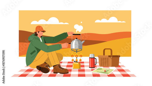 Man Preparing Tea At Outdoor Picnic On Checkered Blanket Illustration