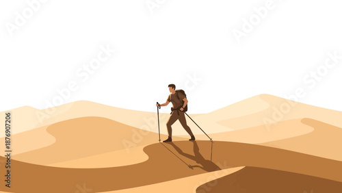 Man Trekking Through Sand Dunes With Hiking Poles And Backpack In Desert