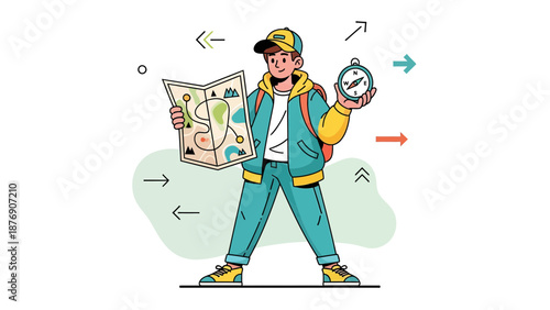 Man Traveling Adventure Exploration With Map And Compass On White Background