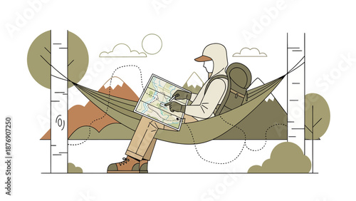 Man Reading A Map In Hammock During Backpacking Trip With Mountains In Background
