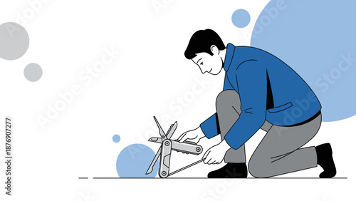 Man Using A Multi Tool Illustration With Blue Abstract Shapes Background