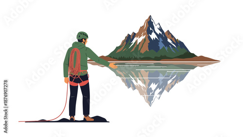 Man Reaching Towards Mountain Peak Reflected in Lake Adventure Awaits