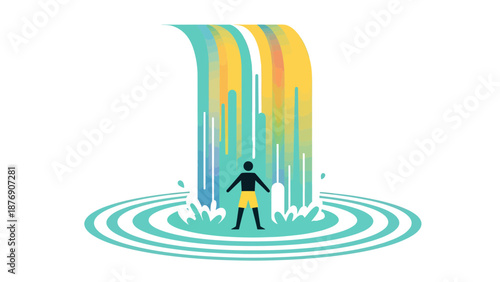 Man Underneath Colorful Waterfall Vector Illustration Modern Minimalist Design